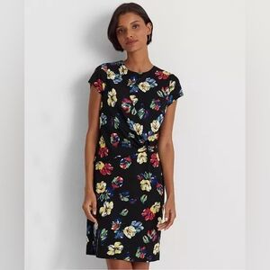 Lauren Ralph Lauren Stretch Jersey  Floeal Print Black Dress Sz 16